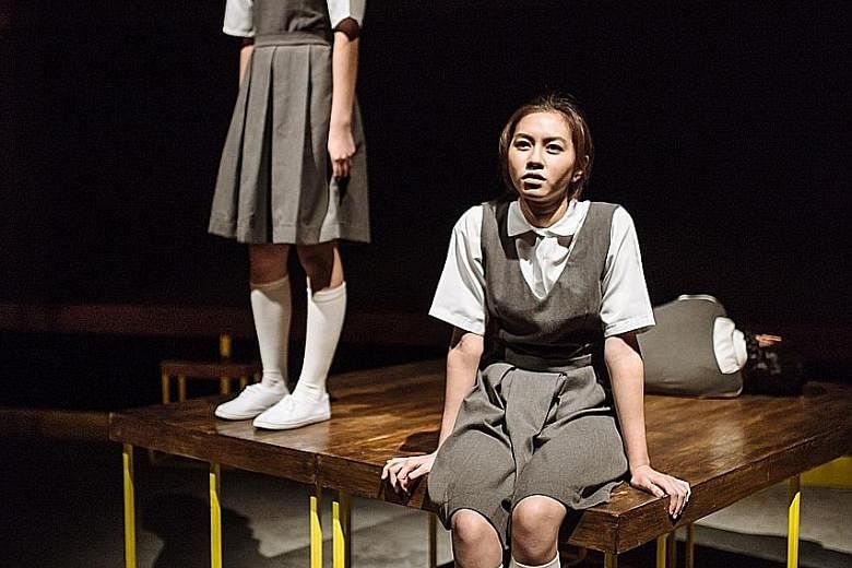 Claire Chung (left) as the school's enfant terrible and Audrey Teong (far left) is her gawky best friend in Normal.