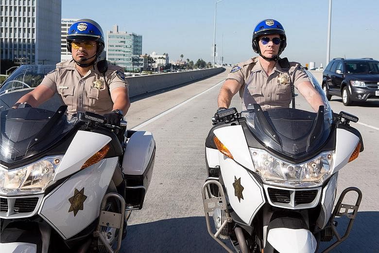 Dax Shepard wrote, directed, produced and stars in action comedy Chips (with Michael Pena, far left).