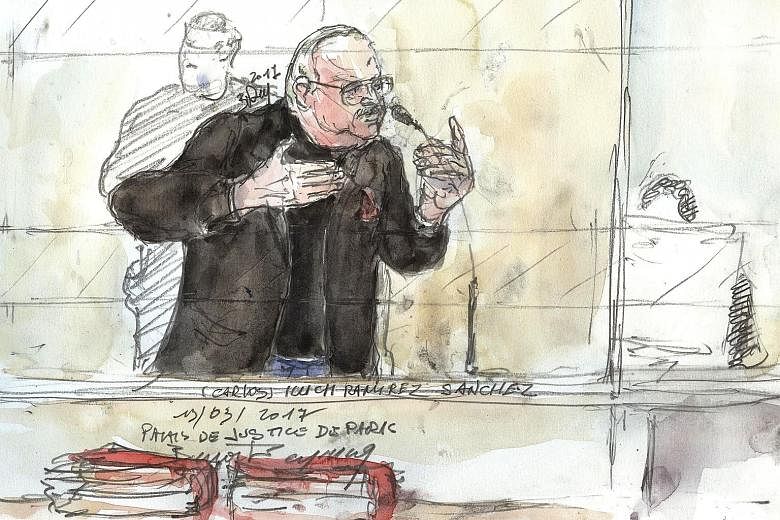 A court sketch of Carlos, who is serving life sentences for deadly attacks in the 1970s and 1980s, at his trial.
