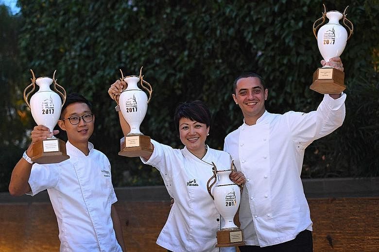Winners all (from far left): Chef de Cuisine of Gattopardo Ristorante di Mare, Kenneth Oh, who took home the Rising Chef of the Year award; Petrina Loh, chef-owner of Morsels, which won Restaurant of the Year and Chef's Choice (Western Cuisine) award