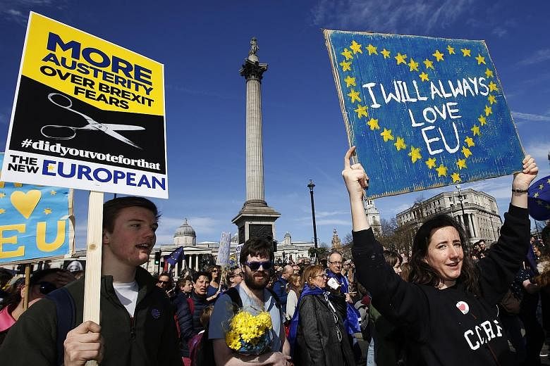 Protesters demonstrating in front of Nelson's Column in London's Trafalgar Square during a "Unite for Europe" march last Saturday to protest against Brexit.