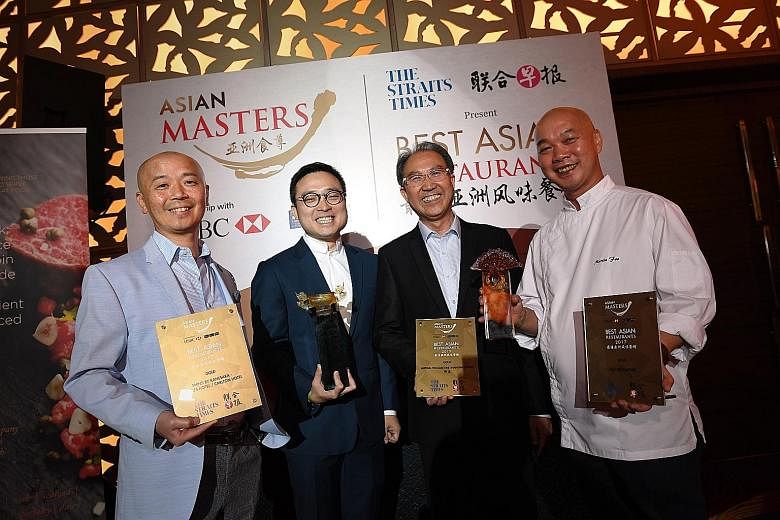 (From left) Master chef Koichiro Oshino of Shinji by Kanesaka; Mr Kenny Leung and Mr Vincent Leung of Imperial Treasure Group, who both oversee group operations; and head chef Martin Foo of VLV were among those at the Best Asian Restaurants gala rece