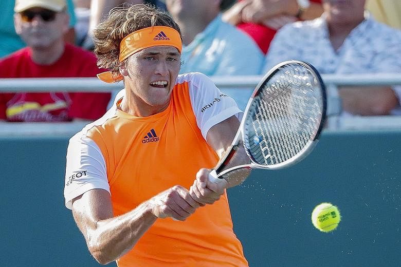 Alexander Zverev in action against Stan Wawrinka, whom he defeated 4-6, 6-2, 6-1 in the fourth round at the Miami Open. The 19-year-old German will meet Nick Kyrgios in the quarter-final.