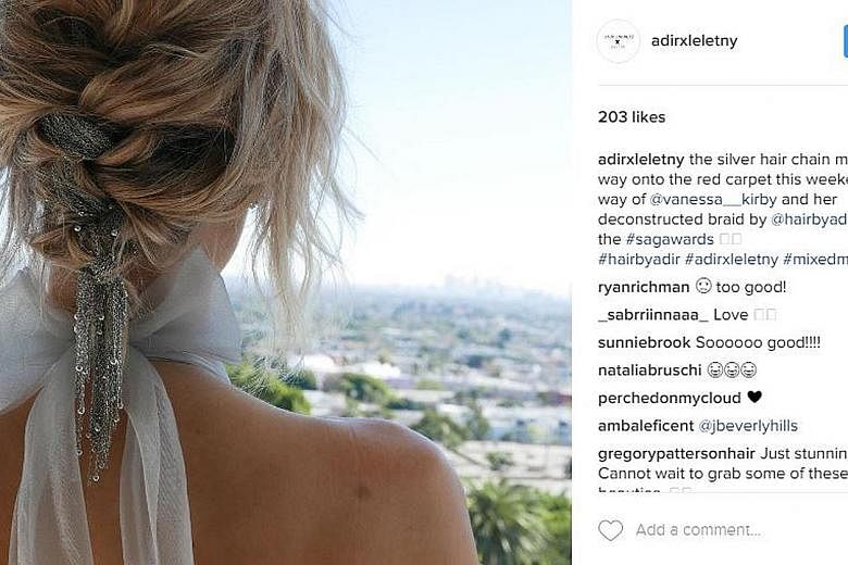 A screenshot of the social media post by celebrity hairstylist Adir Abergel of the hair chain comb worn by actress Vanessa Kirby.