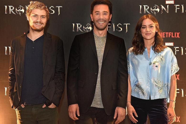 The cast of Iron Fist (from far left) Finn Jones, Tom Pelphrey and Jessica Stroup at the press event yesterday.