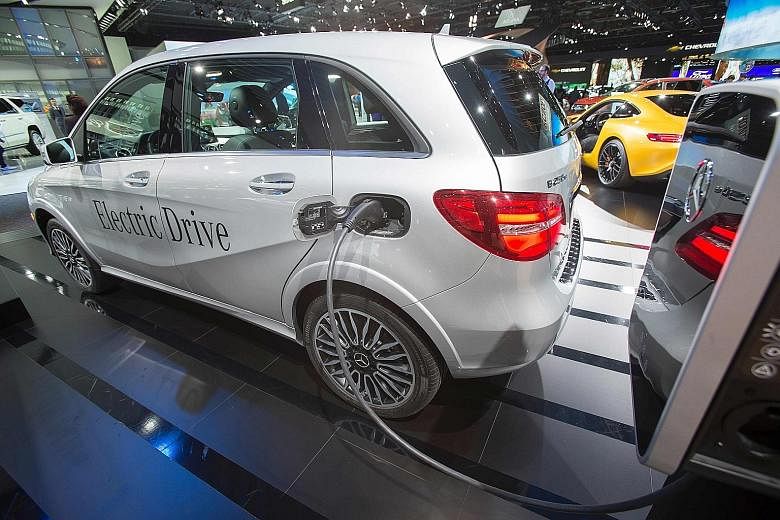 The Mercedes B200e electric car at the 2017 North American International Auto Show in Detroit, Michigan, in January.