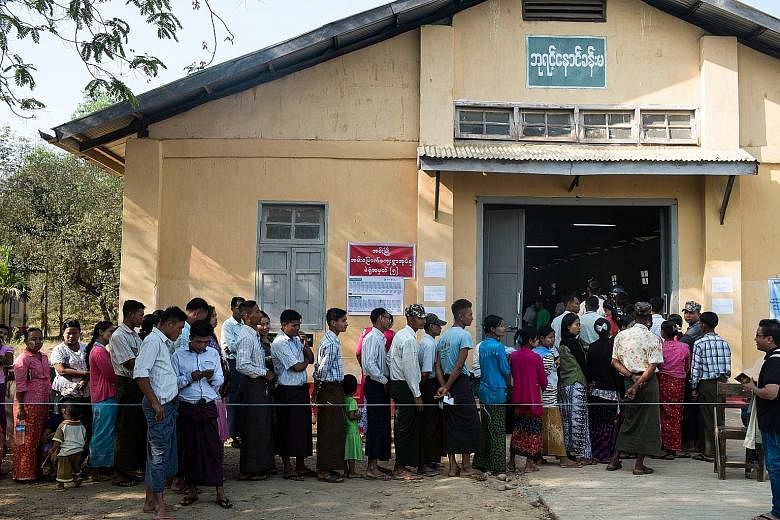 Voters waiting to cast their votes in the by-election at Ann Township of Rakhine State, in western Myanmar, last Saturday. Initial results of the country's by-election indicate a measure of discontent among ethnic minorities such as the Rakhine.