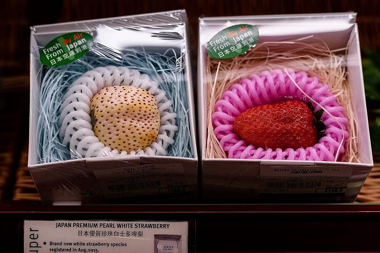 Top: A Japanese Pearl White strawberry (left) and Kotoka strawberry (right), each costing HK$168 (S$30), at City Super. Above: A premium Japanese melon in Kowloon district's Yau Ma Tei fruit market.