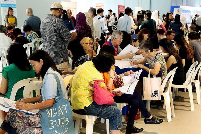 More than 500 people attended the first inclusive job fair targeted at older workers yesterday at Our Tampines Hub. Nineteen companies participated in the fair, offering positions such as patient service assistants, technicians and retail assistants.