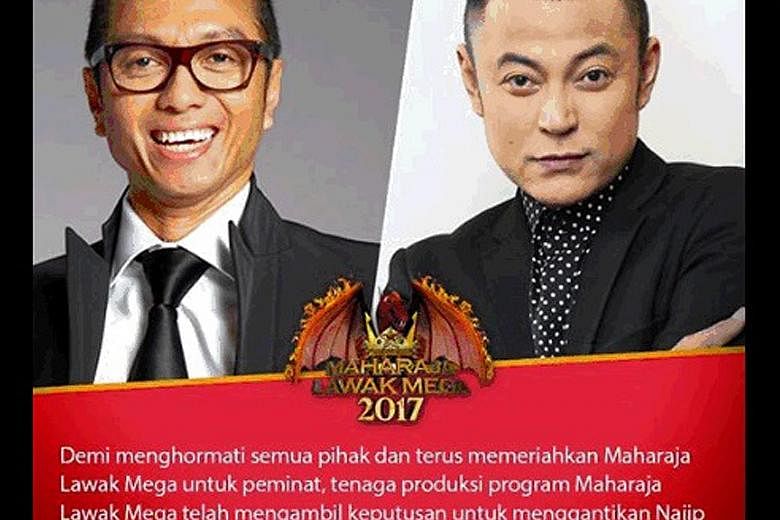 Cable channel Astro, which airs Maharaja Lawak Mega 2017, announced through its Astro Gempak Facebook page yesterday that Singapore comedian Najip Ali (left) would be replaced as a judge on the show by Malaysian TV host Aznil Haji Nawawi.