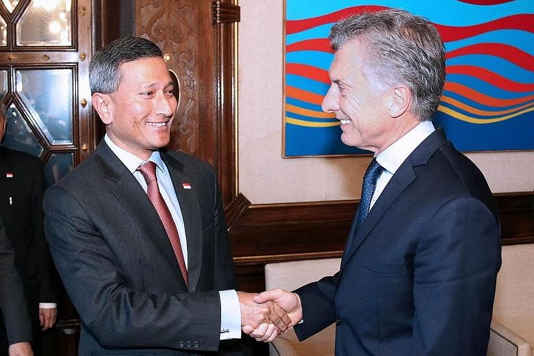 Foreign Minister Vivian Balakrishnan with Argentinian President Mauricio Macri on Thursday. Mr Macri expressed interest in using Singapore as a hub to strengthen links between Latin America and Asia.