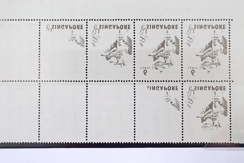 Wet ink from another sheet got transferred to the reverse side of these stamps of the 1968-1973 dance series, which are in Mr Hong's possession.