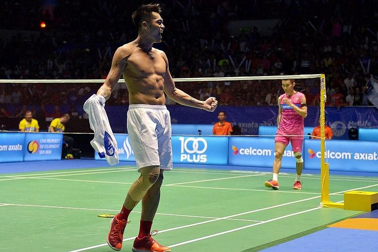 Chinese star Lin Dan rips off his shirt before collapsing to the ground to celebrate his first Malaysia Open title, after beating home favourite Lee Chong Wei in Kuching. Both veterans are determined to prolong their playing careers for at least a wh