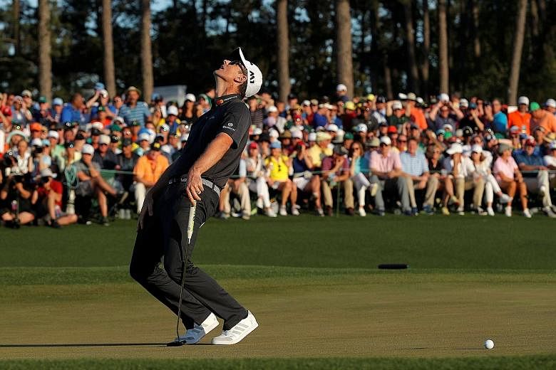 Justin Rose's birdie putt on the 18th just misses. It would have won him the Masters on Sunday. He went on to lose to Sergio Garcia in a play-off. Rose was proud of the way he battled at Augusta and believes a second major will come soon.