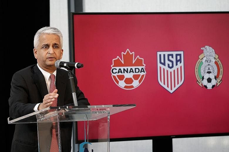 USSF president Sunil Gulati announcing the unified bid of the three nations for the 2026 World Cup at a press conference at the World Trade Center in New York.
