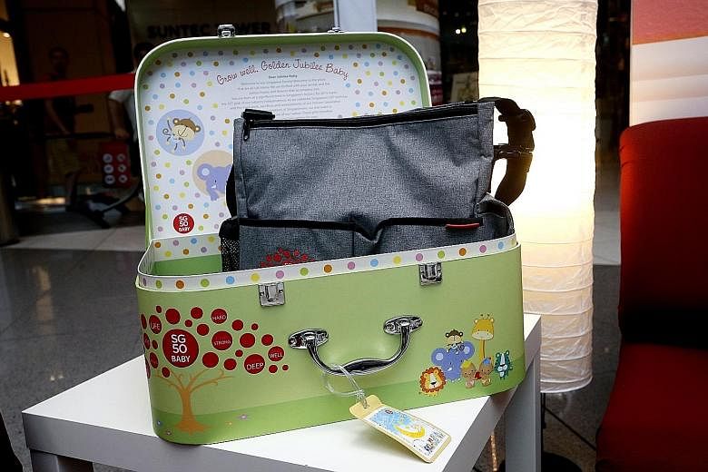 One of the eight items - a diaper bag - in the SG50 Baby Jubilee Gift suitcase. Parents of about 340 babies born in 2015 and eligible for the gift have not registered to receive it.