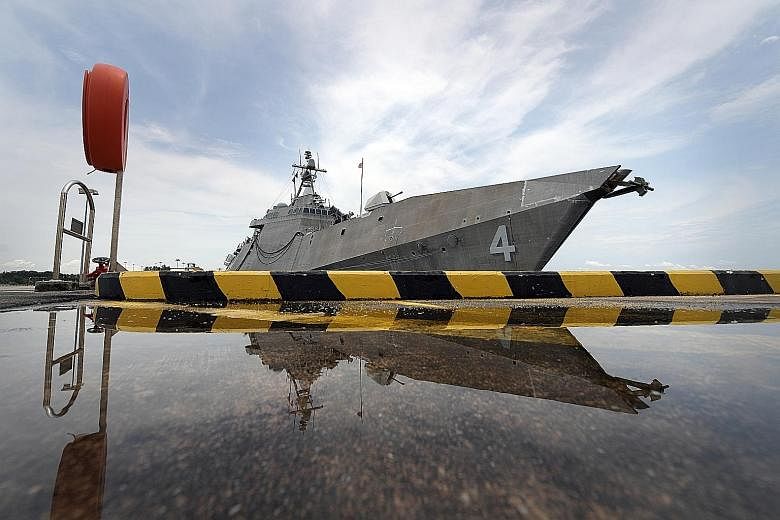 Littoral combat ship USS Coronado at Changi Naval Base on Wednesday. It arrived in Singapore last October. Such ships can perform missions ranging from counter-piracy to humanitarian assistance, and multiple ships will be simultaneously deployed to t