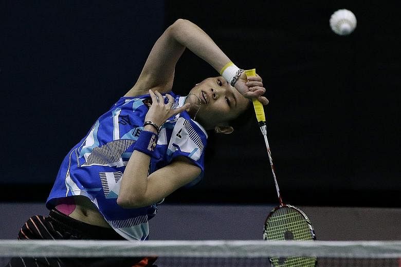 Tai Tzu-ying playing an overhead drop shot against Zhang Beiwen. She will have to raise her game against Carolina Marin in today's final.