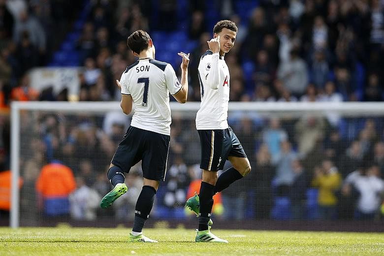 Spurs midfielder Dele Alli celebrating with team-mate Son Heung Min as Bournemouth were trounced 4-0. Tottenham next play away to Crystal Palace in the league,