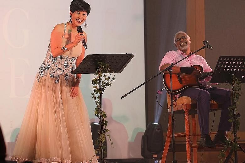 A singing politician and models strutting the stuff of India's foremost fashion designers shared the stage last night for a common cause. They were raising funds for the Singapore Indian Development Association (Sinda), as well as needy families in t
