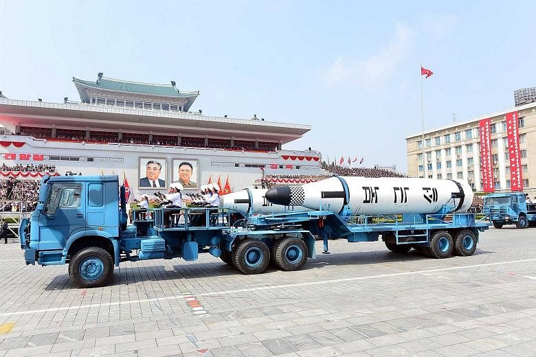 North Korea used China-made trucks to display missiles at last Saturday's parade marking the 105th anniversary of founding president Kim Il Sung's birth, underlining the difficulty in enforcing UN sanctions against the isolated state. Six Pukguksong 