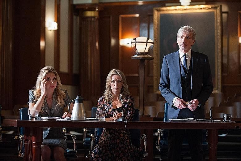 Billy Bob Thornton in Goliath as a down-and-out lawyer with (from left) Nina Arianda, who stars as an ambulance- chasing lawyer, and Ever Carradine, who plays her client.