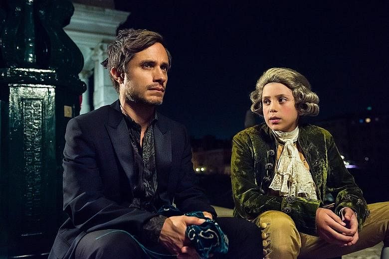 Mozart In The Jungle stars Gael Garcia Bernal as an eccentric conductor who has imaginary conversations with a young Mozart (Lorenzo Zingone, right), from whom he draws inspiration.