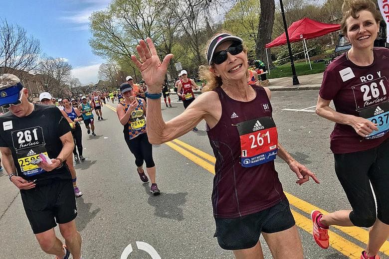 Kathrine Switzer going strong during the Boston Marathon on Monday, 50 years after she became the first woman to complete the race.
