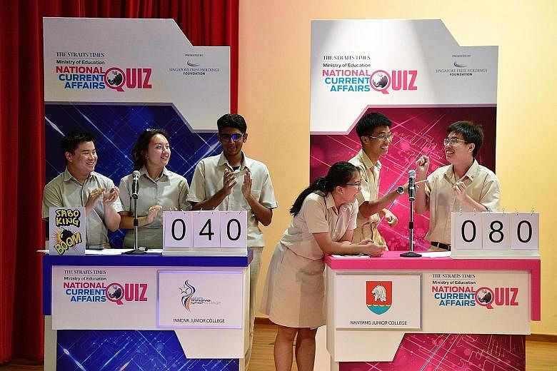 Reacting to their Big Quiz fourth round win are Nanyang Junior College team members (from left) Cho Hui Wen, Isaiah Chi and Lionel Lim, all 17, as Innova Junior College team members (from left) Justin Indra, 18, Rachel Angelique Galistan, 17, and T. 