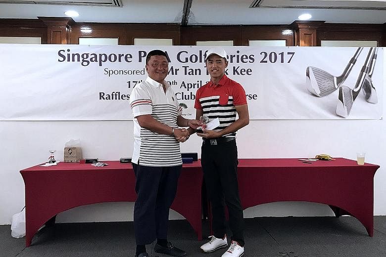 Singapore golfer Johnson Poh (right) closed with an eight-under 64 yesterday to win the Singapore Professional Golfers' Association Golf Series by four shots. The 25-year-old finished on 14-under 202, ahead of compatriot Quincy Quek (67, 206) at the 
