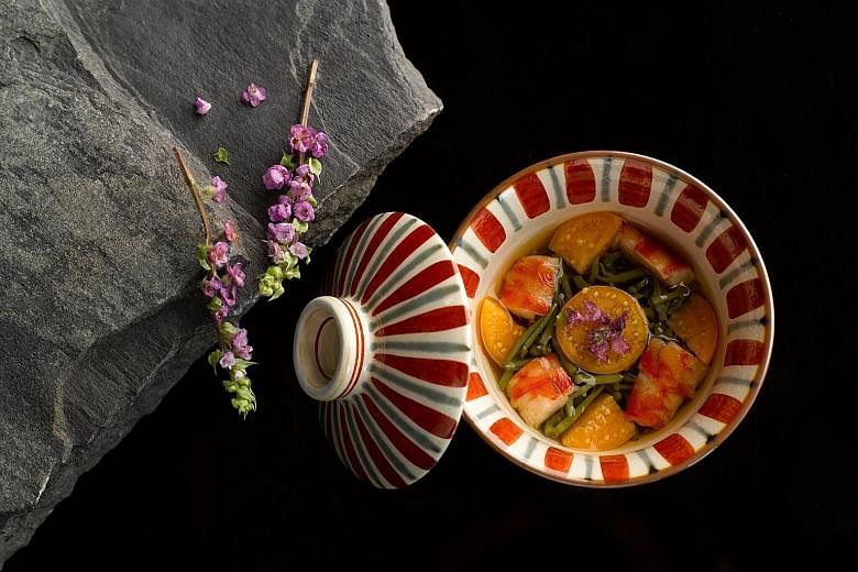 Diners at Shoukouwa can savour Jyunsai, a dish of tiger prawn, water lily bulbs, Japanese cape gooseberry and shiso flowers.