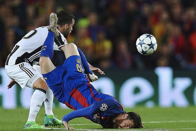 Barcelona talisman Lionel Messi (right) crashes to the ground after a challenge by Juventus midfielder Miralem Pjanic during the Champions League quarter-final second-leg clash at the Camp Nou. The match ended 0-0, leaving Barca with just two wins fr