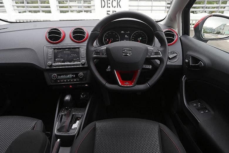 The power plant of the Ibiza is lively and the car has red seat belts, red stitching on the steering wheel and red trim around the air-con vents.