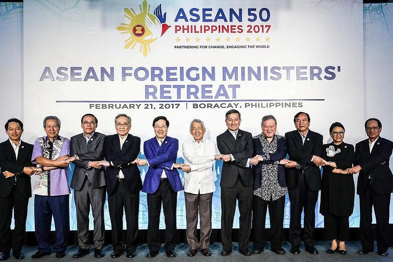 Asean foreign ministers during the photo shoot at their retreat on the Philippine resort island of Boracay in February. The regional grouping is seeking to raise its profile as it marks its 50th year.