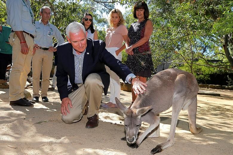 Mr Mike Pence pats a kangaroo at Sydney's Taronga Zoo during a visit with his wife Karen and two daughters yesterday.