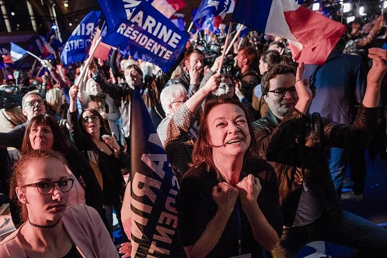 Supporters of Mr Emmanuel Macron and Ms Marine Le Pen at the En Marche! HQ (top right) and at a National Front party celebrating Sunday's results.