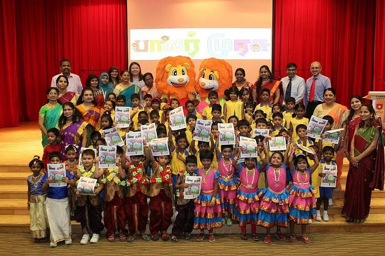 Pupils, teachers and guests at Umar Pulavar Tamil Language Centre for the launch of Balar Murasu, Tamil Murasu's new magazine for preschoolers, yesterday.