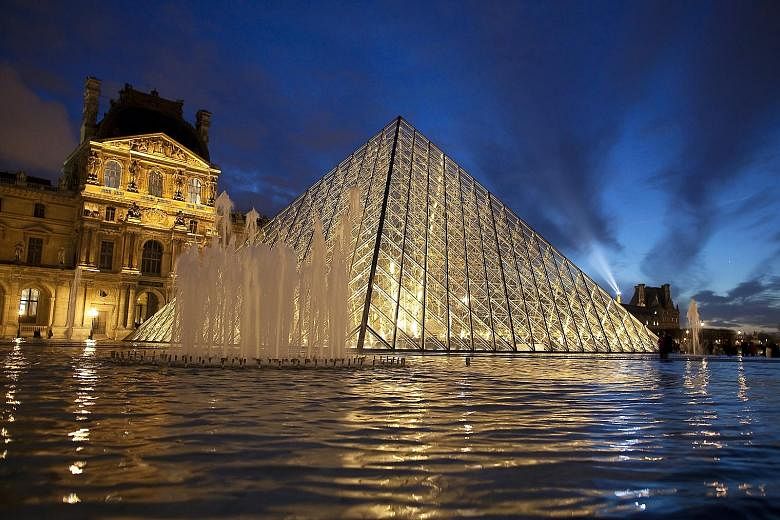 Designs by I.M. Pei: Glass pyramid at the Louvre Museum in Paris (above); Rock and Roll Hall of Fame in the United States; The Gateway in Singapore; Bank of China building in Hong Kong; and Miho Museum in Japan.