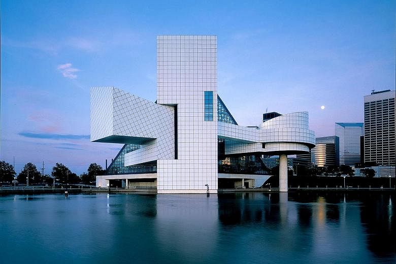 Designs by I.M. Pei: Glass pyramid at the Louvre Museum in Paris ; Rock and Roll Hall of Fame in the United States (above); The Gateway in Singapore; Bank of China building in Hong Kong; and Miho Museum in Japan.