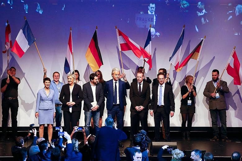 (From left) Alternative for Germany leader Frauke Petry, Ms Marine Le Pen, leader of France's National Front, Mr Matteo Salvini of Italy's Northern League, Netherlands' Party for Freedom leader Geert Wilders, Mr Harald Vilimsky of Austria's Freedom P