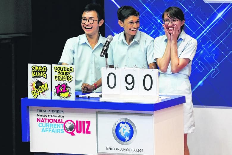 The Meridian Junior College team, comprising (from left) Tan Yu, Jev Akshay and Nadia Liana, beat the second-placed Temasek JC team by just 10 points in Wednesday's competition.