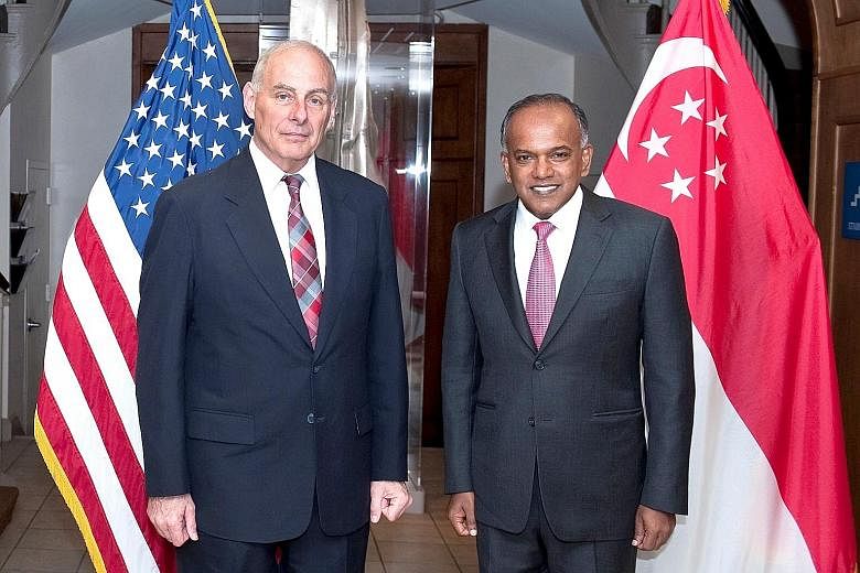 Home Affairs Minister K. Shanmugam meeting US Secretary of Homeland Security John F. Kelly on his visit to Washington, where he spoke at a seminar on the Syrian conflict and radicalisation in South-east Asia.