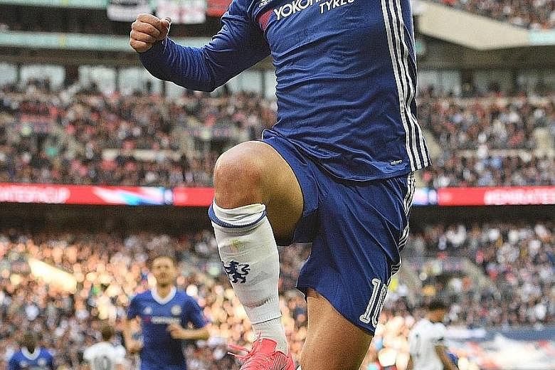 Eden Hazard celebrating after scoring in Chelsea's 4-2 victory against Tottenham Hotspur in the FA Cup semi-final last weekend. He will be looking to dictate terms in today's game against Everton.