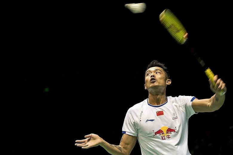Lin Dan hitting a return against rival Lee Chong Wei during his win in yesterday's semi-final at the Badminton Asia Championships in Wuhan. In a rematch of the Malaysian Open final 20 days earlier, Lee once more surrendered meekly, this time losing 1