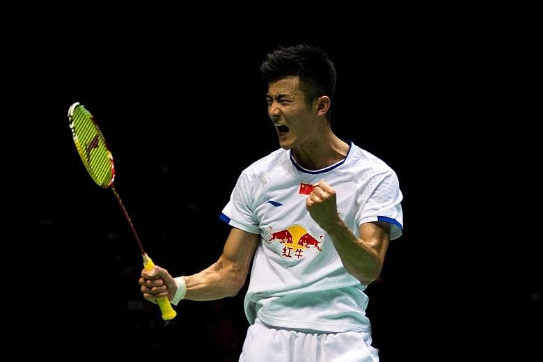 Olympic champion Chen Long celebrating his victory in the Badminton Asia Championships yesterday. It was his first title since winning at the Rio Games last year.