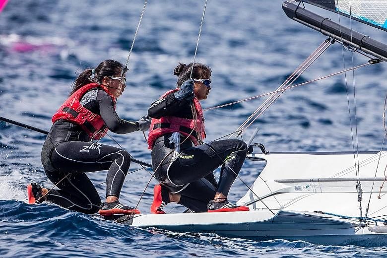 Singapore's 49erFX sailors Kimberly Lim (left) and Cecilia Low finished ninth out of 20 boats at the Sailing World Cup leg in Hyeres, France. They were also the top Asians, finishing above Japan's Chika Hatae and Hiroka Itakura, who were 10th. The fi