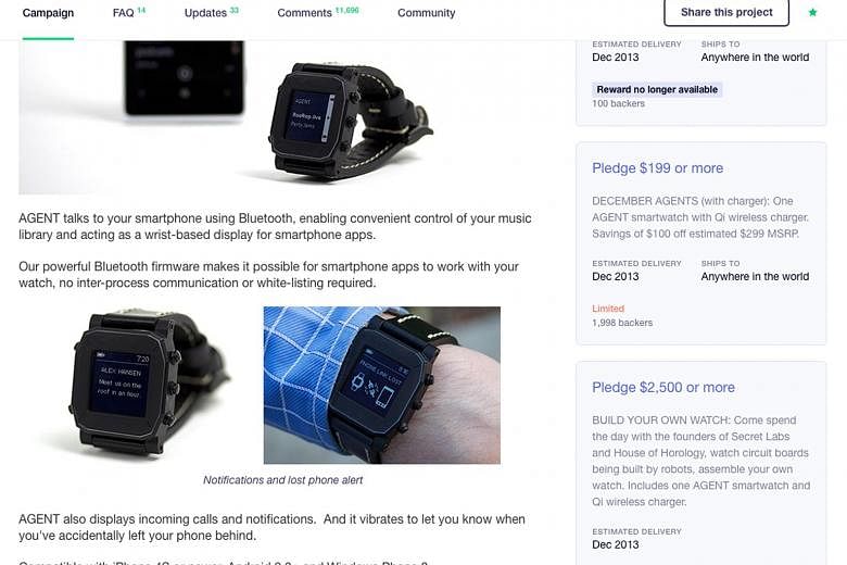 The Kickstarter campaign site for the Agent smartwatch. Originally slated to be launched in early 2014, the project has gone cold, with the last update by the developer a year ago.