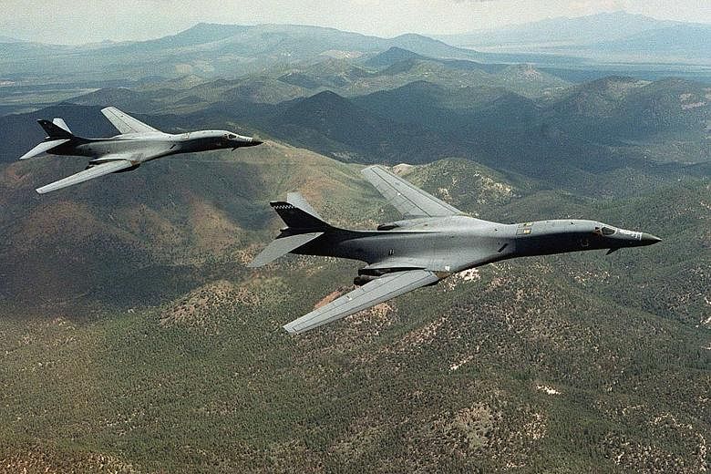 B-1B Lancer bombers soaring over the western US state of Wyoming. A pair of B-1B Lancer bombers flew training drills with the South Korean and Japanese air forces on Monday.