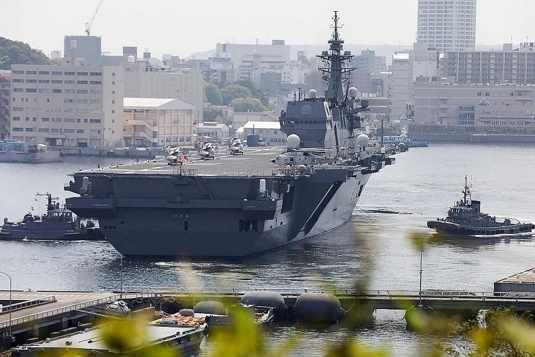The Izumo sailing from Yokosuka Base on Monday on a mission to escort a US supply ship to the western Pacific. Such a deployment was made possible after a 2015 rule change.