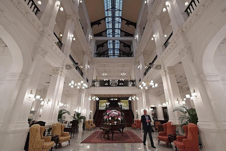 The main lobby of the Raffles Hotel, which marks its 130th anniversary this year. Singapore Heritage Society executive member Yeo Kang Shua said he hopes non-paying members of the public will be allowed to visit its historic areas, including the main